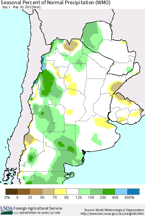 Southern South America Seasonal Percent of Normal Precipitation (WMO) Thematic Map For 9/1/2021 - 5/20/2022