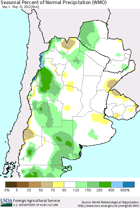 Southern South America Seasonal Percent of Normal Precipitation (WMO) Thematic Map For 9/1/2021 - 5/31/2022