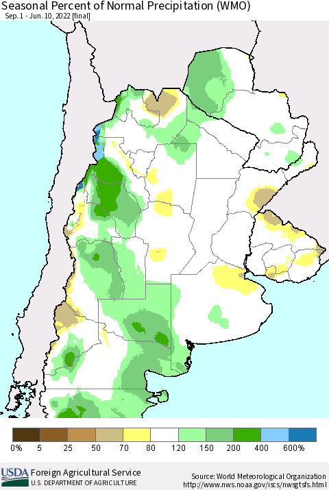 Southern South America Seasonal Percent of Normal Precipitation (WMO) Thematic Map For 9/1/2021 - 6/10/2022