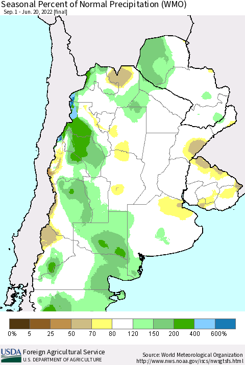 Southern South America Seasonal Percent of Normal Precipitation (WMO) Thematic Map For 9/1/2021 - 6/20/2022