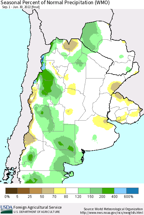 Southern South America Seasonal Percent of Normal Precipitation (WMO) Thematic Map For 9/1/2021 - 6/30/2022
