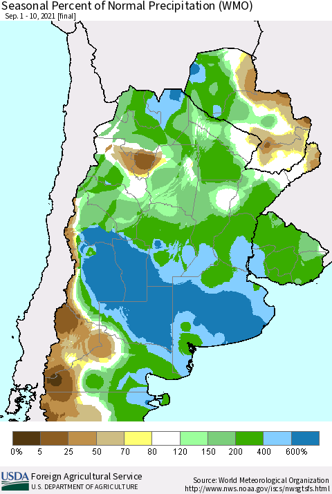Southern South America Seasonal Percent of Normal Precipitation (WMO) Thematic Map For 9/1/2021 - 9/10/2021