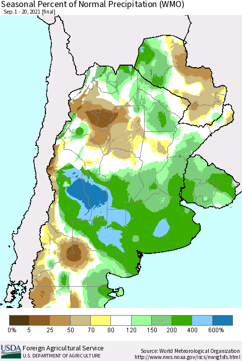 Southern South America Seasonal Percent of Normal Precipitation (WMO) Thematic Map For 9/1/2021 - 9/20/2021