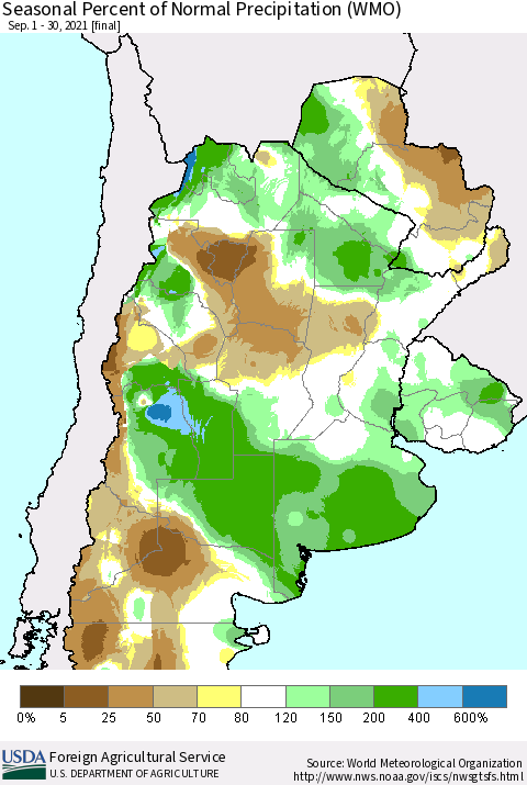 Southern South America Seasonal Percent of Normal Precipitation (WMO) Thematic Map For 9/1/2021 - 9/30/2021