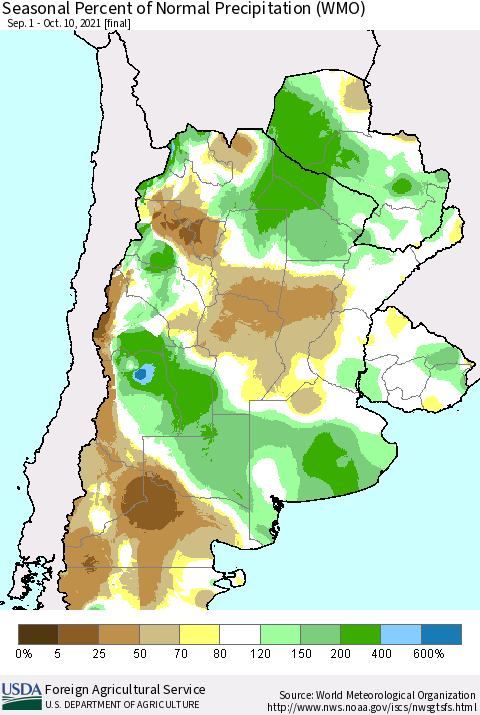 Southern South America Seasonal Percent of Normal Precipitation (WMO) Thematic Map For 9/1/2021 - 10/10/2021