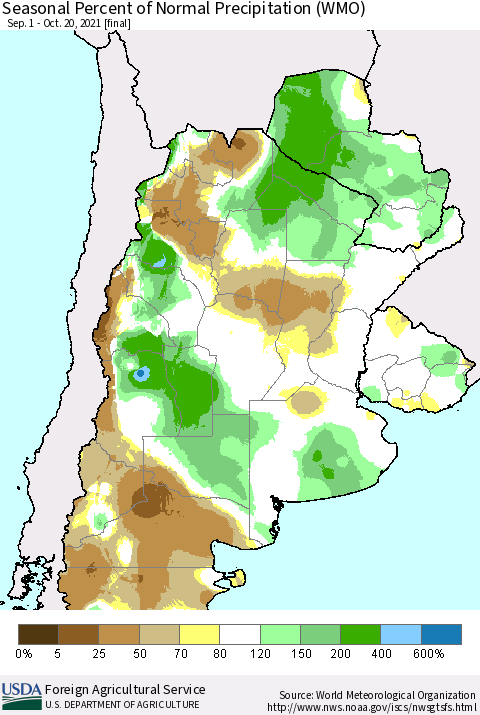 Southern South America Seasonal Percent of Normal Precipitation (WMO) Thematic Map For 9/1/2021 - 10/20/2021