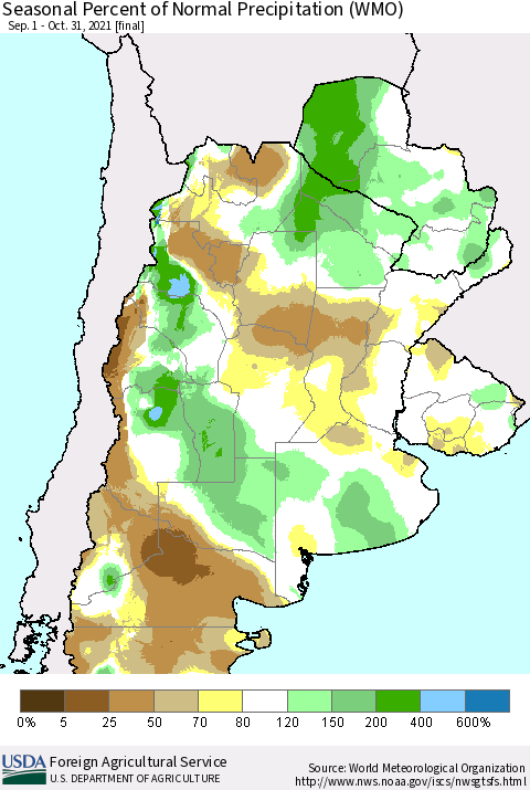 Southern South America Seasonal Percent of Normal Precipitation (WMO) Thematic Map For 9/1/2021 - 10/31/2021