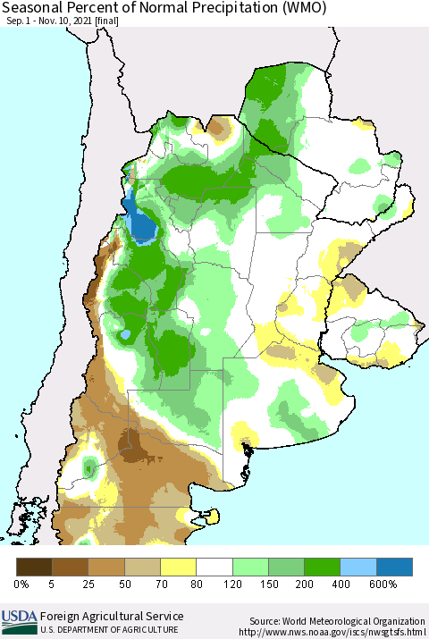 Southern South America Seasonal Percent of Normal Precipitation (WMO) Thematic Map For 9/1/2021 - 11/10/2021