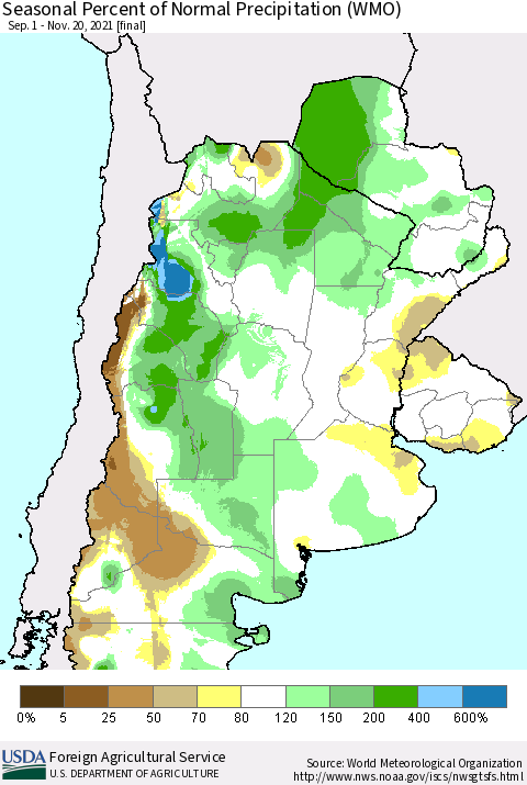 Southern South America Seasonal Percent of Normal Precipitation (WMO) Thematic Map For 9/1/2021 - 11/20/2021