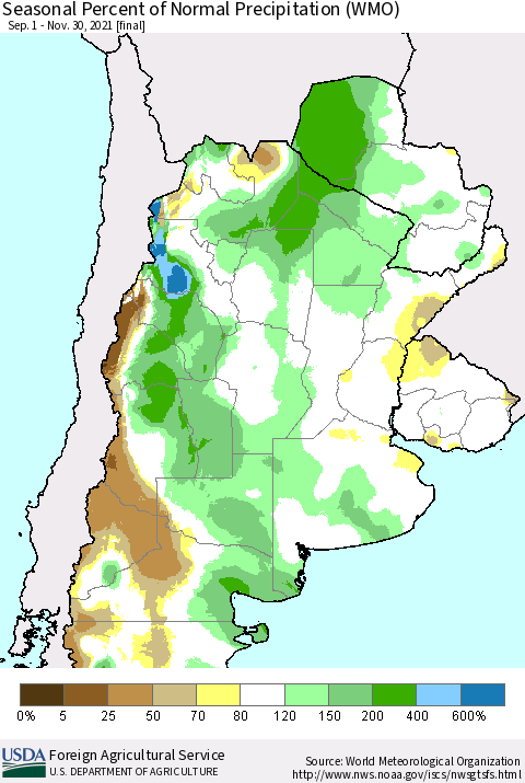 Southern South America Seasonal Percent of Normal Precipitation (WMO) Thematic Map For 9/1/2021 - 11/30/2021