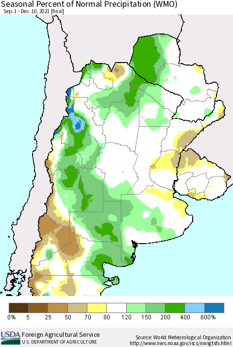 Southern South America Seasonal Percent of Normal Precipitation (WMO) Thematic Map For 9/1/2021 - 12/10/2021