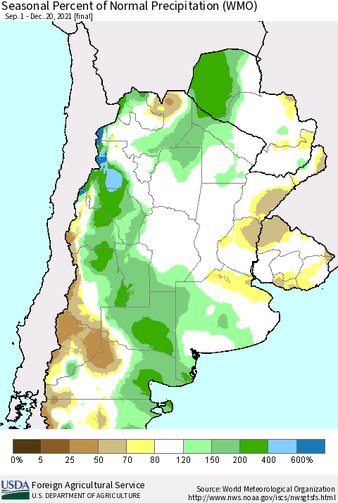 Southern South America Seasonal Percent of Normal Precipitation (WMO) Thematic Map For 9/1/2021 - 12/20/2021