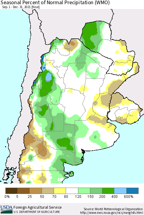 Southern South America Seasonal Percent of Normal Precipitation (WMO) Thematic Map For 9/1/2021 - 12/31/2021