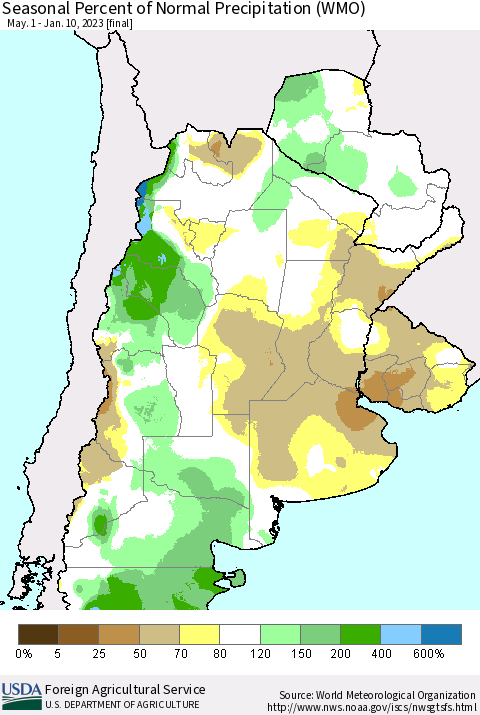 Southern South America Seasonal Percent of Normal Precipitation (WMO) Thematic Map For 5/1/2022 - 1/10/2023