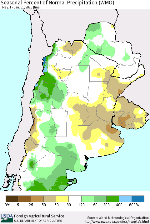 Southern South America Seasonal Percent of Normal Precipitation (WMO) Thematic Map For 5/1/2022 - 1/31/2023