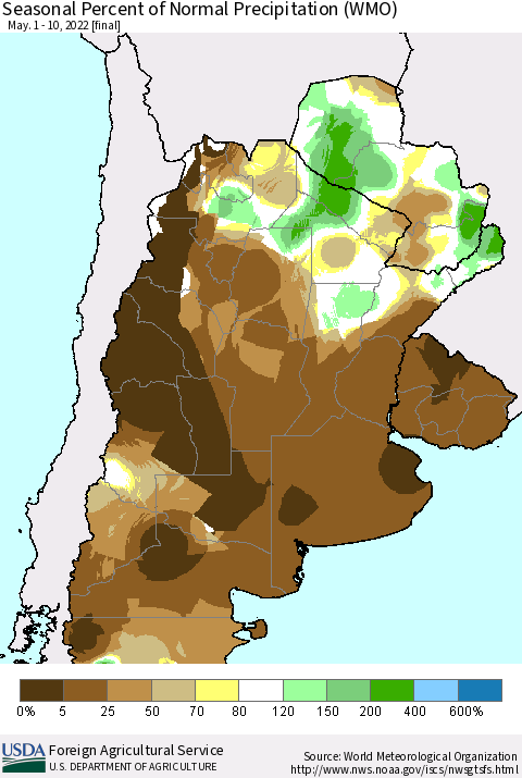 Southern South America Seasonal Percent of Normal Precipitation (WMO) Thematic Map For 5/1/2022 - 5/10/2022