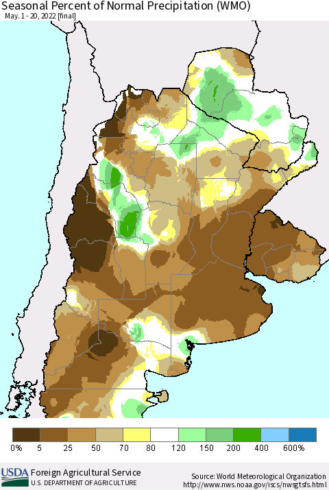 Southern South America Seasonal Percent of Normal Precipitation (WMO) Thematic Map For 5/1/2022 - 5/20/2022