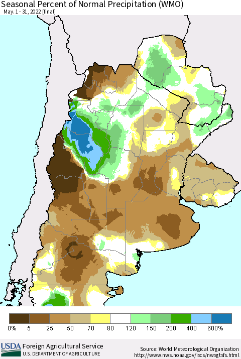 Southern South America Seasonal Percent of Normal Precipitation (WMO) Thematic Map For 5/1/2022 - 5/31/2022