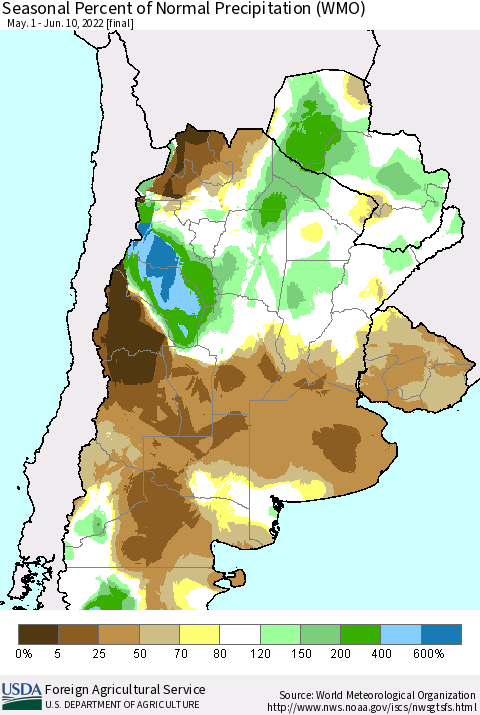 Southern South America Seasonal Percent of Normal Precipitation (WMO) Thematic Map For 5/1/2022 - 6/10/2022
