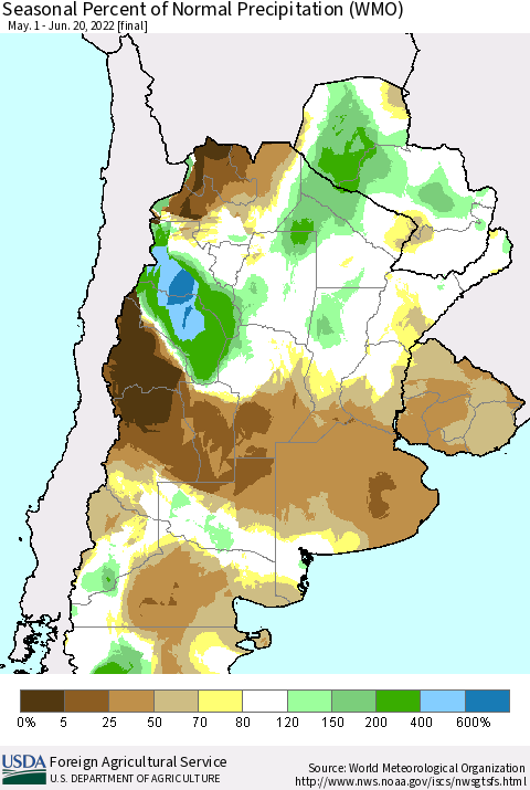 Southern South America Seasonal Percent of Normal Precipitation (WMO) Thematic Map For 5/1/2022 - 6/20/2022