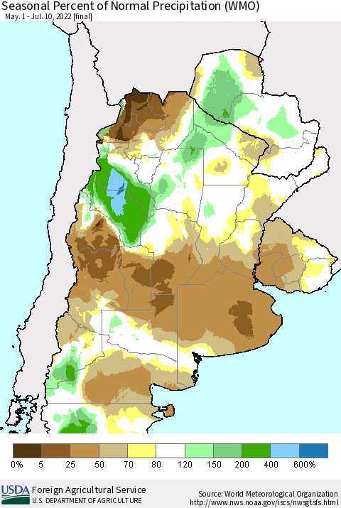 Southern South America Seasonal Percent of Normal Precipitation (WMO) Thematic Map For 5/1/2022 - 7/10/2022