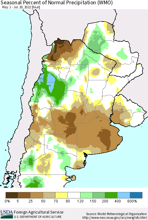 Southern South America Seasonal Percent of Normal Precipitation (WMO) Thematic Map For 5/1/2022 - 7/20/2022