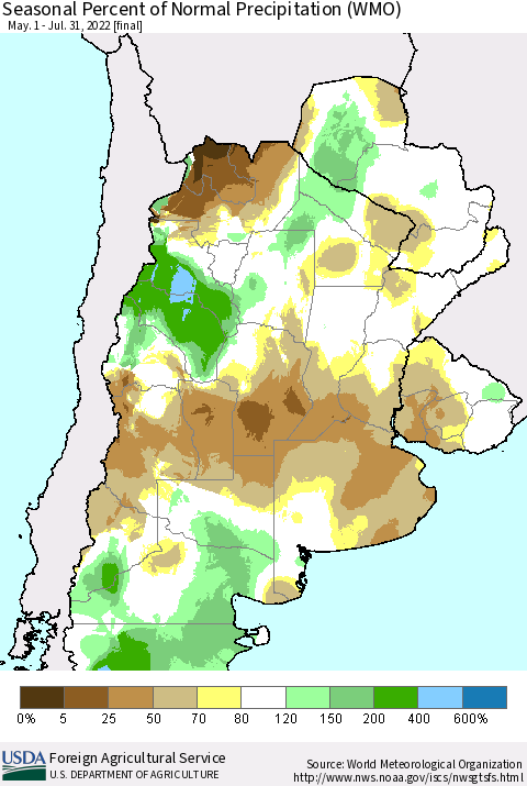 Southern South America Seasonal Percent of Normal Precipitation (WMO) Thematic Map For 5/1/2022 - 7/31/2022