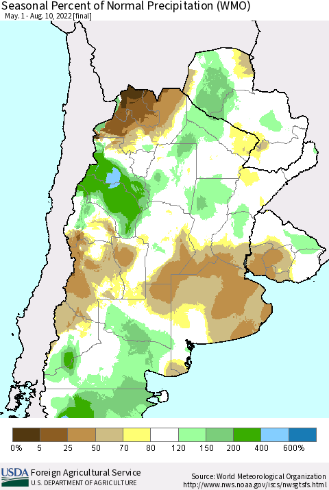 Southern South America Seasonal Percent of Normal Precipitation (WMO) Thematic Map For 5/1/2022 - 8/10/2022