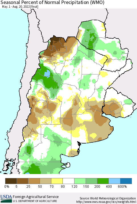 Southern South America Seasonal Percent of Normal Precipitation (WMO) Thematic Map For 5/1/2022 - 8/20/2022