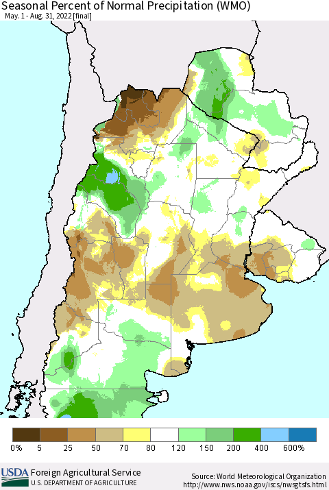 Southern South America Seasonal Percent of Normal Precipitation (WMO) Thematic Map For 5/1/2022 - 8/31/2022