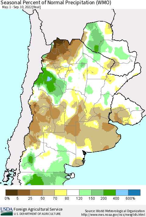 Southern South America Seasonal Percent of Normal Precipitation (WMO) Thematic Map For 5/1/2022 - 9/10/2022