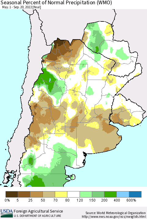 Southern South America Seasonal Percent of Normal Precipitation (WMO) Thematic Map For 5/1/2022 - 9/20/2022