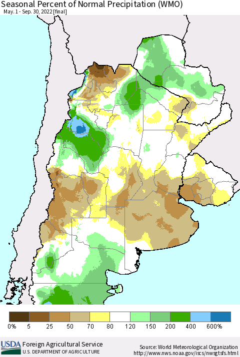 Southern South America Seasonal Percent of Normal Precipitation (WMO) Thematic Map For 5/1/2022 - 9/30/2022
