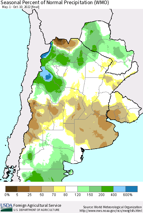 Southern South America Seasonal Percent of Normal Precipitation (WMO) Thematic Map For 5/1/2022 - 10/10/2022