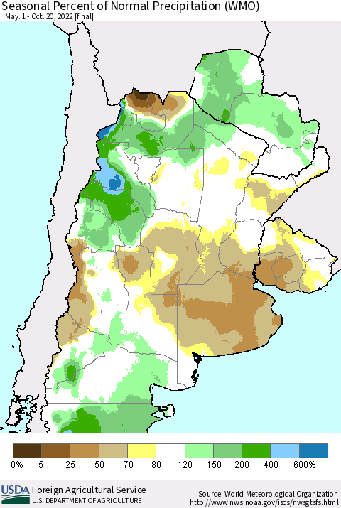Southern South America Seasonal Percent of Normal Precipitation (WMO) Thematic Map For 5/1/2022 - 10/20/2022