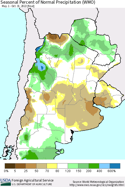 Southern South America Seasonal Percent of Normal Precipitation (WMO) Thematic Map For 5/1/2022 - 10/31/2022