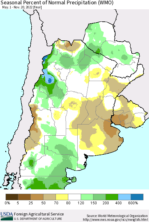 Southern South America Seasonal Percent of Normal Precipitation (WMO) Thematic Map For 5/1/2022 - 11/20/2022