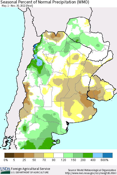 Southern South America Seasonal Percent of Normal Precipitation (WMO) Thematic Map For 5/1/2022 - 11/30/2022