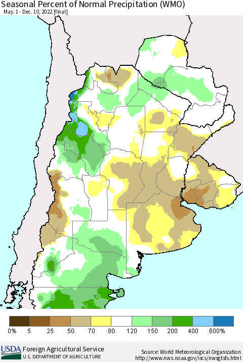 Southern South America Seasonal Percent of Normal Precipitation (WMO) Thematic Map For 5/1/2022 - 12/10/2022