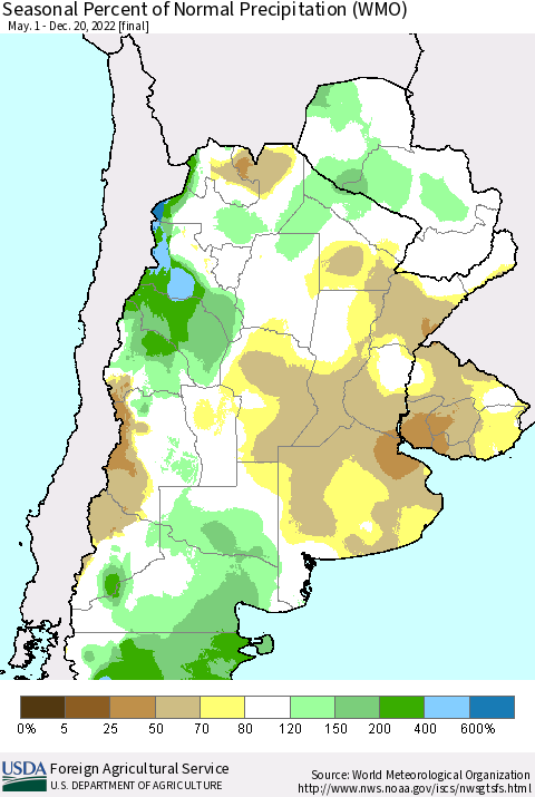 Southern South America Seasonal Percent of Normal Precipitation (WMO) Thematic Map For 5/1/2022 - 12/20/2022