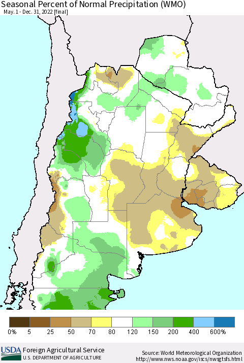 Southern South America Seasonal Percent of Normal Precipitation (WMO) Thematic Map For 5/1/2022 - 12/31/2022