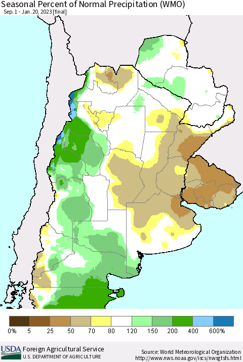 Southern South America Seasonal Percent of Normal Precipitation (WMO) Thematic Map For 9/1/2022 - 1/20/2023