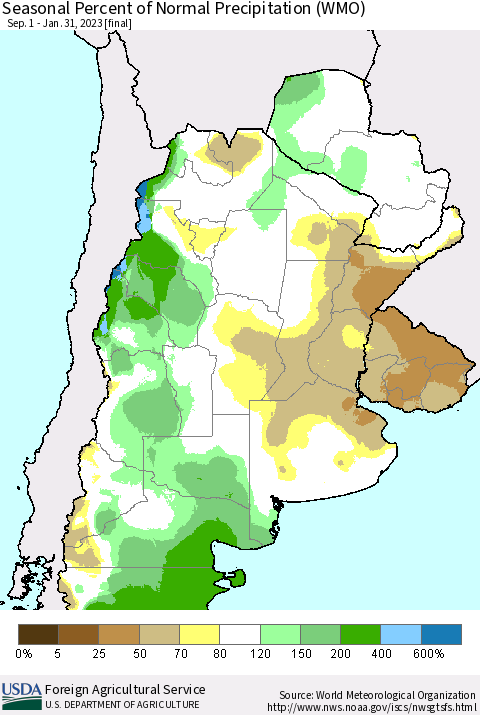 Southern South America Seasonal Percent of Normal Precipitation (WMO) Thematic Map For 9/1/2022 - 1/31/2023