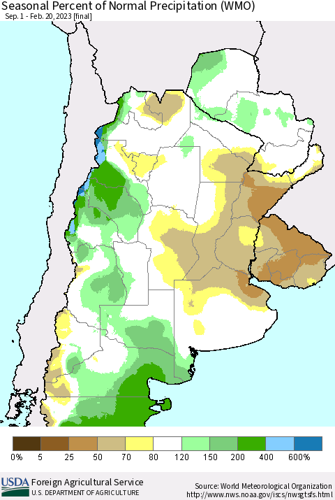 Southern South America Seasonal Percent of Normal Precipitation (WMO) Thematic Map For 9/1/2022 - 2/20/2023
