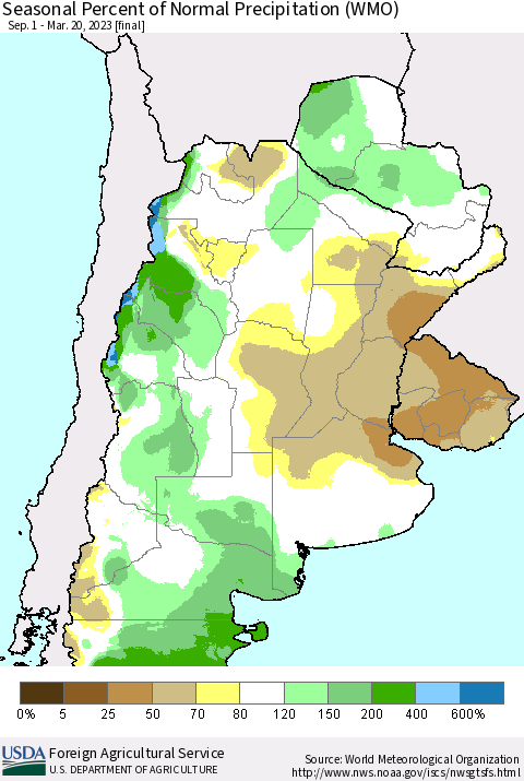 Southern South America Seasonal Percent of Normal Precipitation (WMO) Thematic Map For 9/1/2022 - 3/20/2023