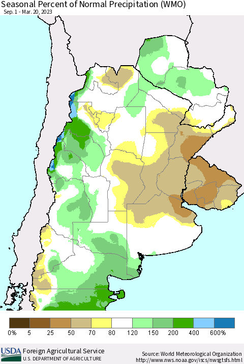 Southern South America Seasonal Percent of Normal Precipitation (WMO) Thematic Map For 9/1/2022 - 3/20/2023