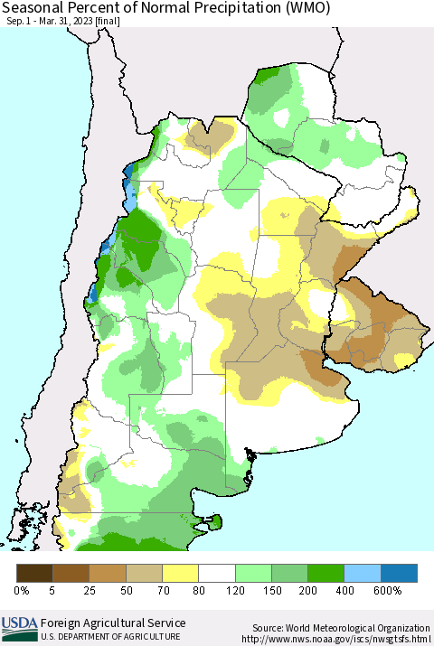 Southern South America Seasonal Percent of Normal Precipitation (WMO) Thematic Map For 9/1/2022 - 3/31/2023