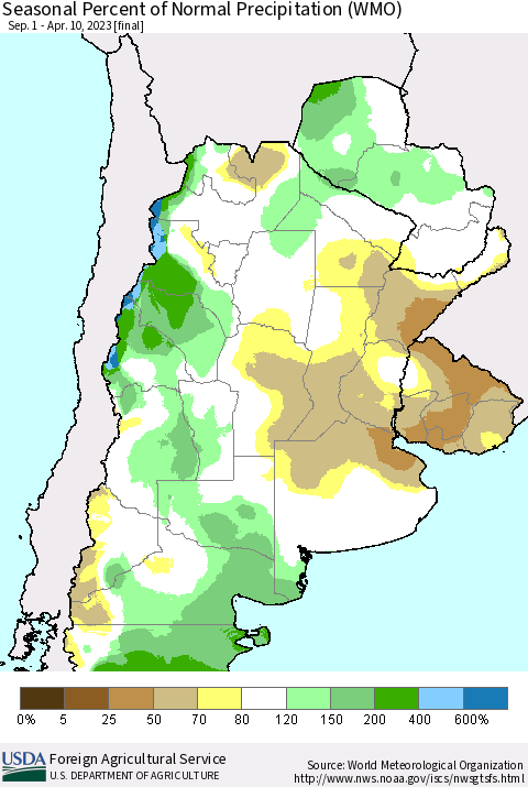 Southern South America Seasonal Percent of Normal Precipitation (WMO) Thematic Map For 9/1/2022 - 4/10/2023