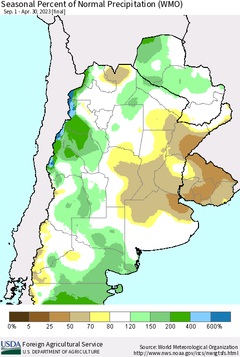 Southern South America Seasonal Percent of Normal Precipitation (WMO) Thematic Map For 9/1/2022 - 4/30/2023