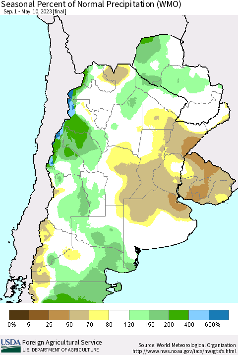 Southern South America Seasonal Percent of Normal Precipitation (WMO) Thematic Map For 9/1/2022 - 5/10/2023